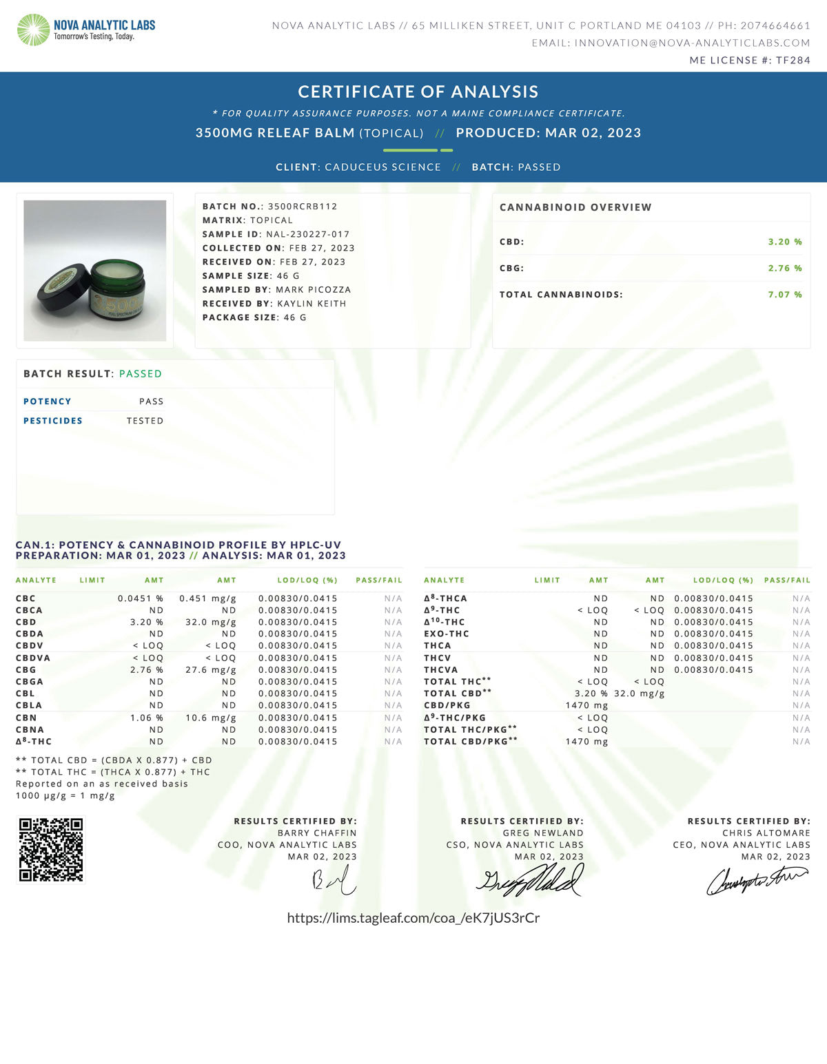 ReLeaf Balm 3500 MG CBG/CBD